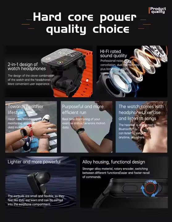 2-in-1 Smartwatch with Built-in Earbuds – Bluetooth Calling, GPS, Fitness Tracker, Music Storage, Always-on HD Display, Heart Rate Monitor – Black (iOS & Android Compatible)