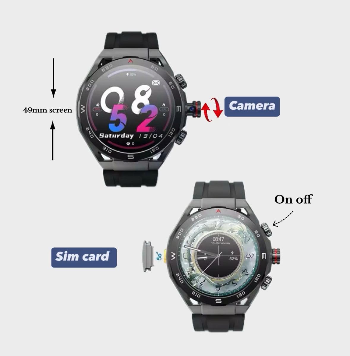 Shop SE HUB HW18 Call 2 Smartwatch – 1.43” AMOLED display, 4GB RAM, 64GB storage, rotating camera, 4G LTE/5G, GPS, NFC, Android 8.1, and advanced fitness & health tracking.