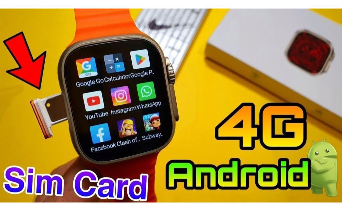 Premium S8 Ultra Smartwatch with 4G SIM | App Store, Google Maps, Facebook, YouTube, Android OS, Bluetooth Calling – Extra Strap (Orange & Black)