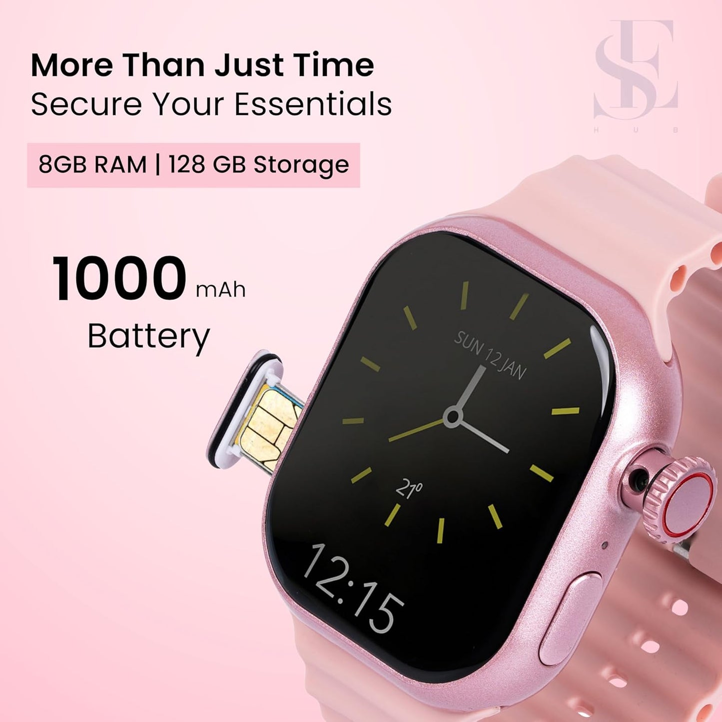SE HUB HW Watch X Call – AMOLED Curved Display Smartwatch | 4GB RAM + 64GB Storage | Dual 180° Rotating Camera | SIM, WiFi, Play Store, Bluetooth Calling | Fast Charging (Pink)