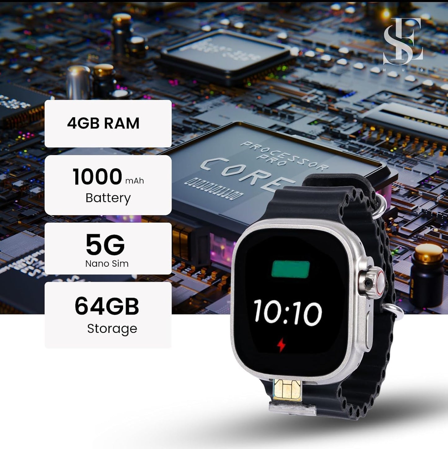 SE HUB HW 3 Call Smart Watch with SIM Card, HD Dual Camera, Fitness Tracker, Bluetooth Calling, Heart Rate Monitor, Music & More – Black