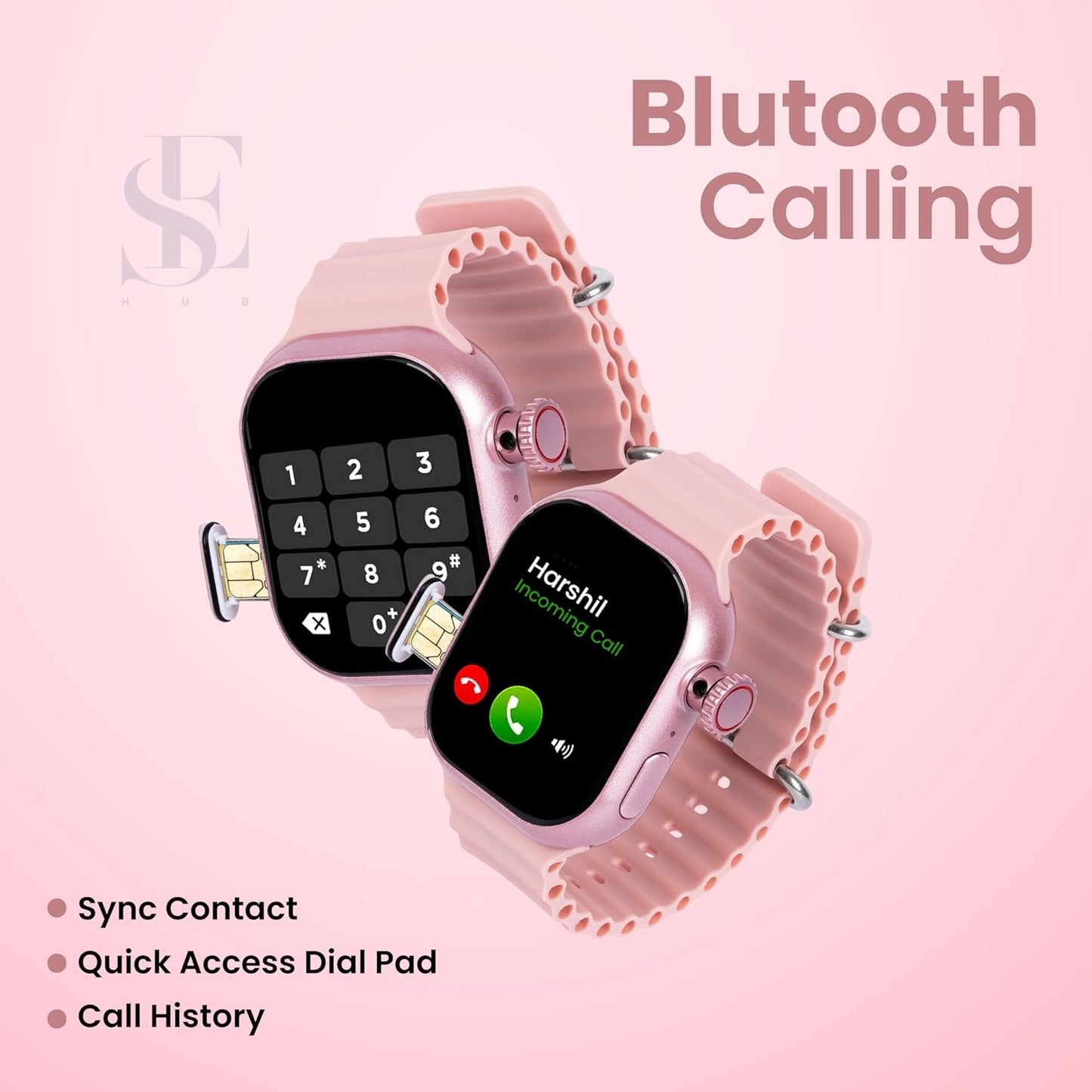 SE HUB HW Watch X Call – AMOLED Curved Display Smartwatch | 4GB RAM + 64GB Storage | Dual 180° Rotating Camera | SIM, WiFi, Play Store, Bluetooth Calling | Fast Charging (Pink)