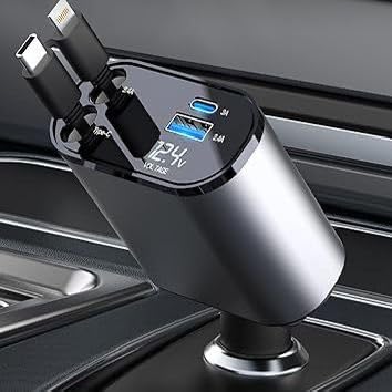 SE HUB Retractable Car Charger, 100W 4 in 1 Super Fast Charge Car Phone Charger, Retractable Cables (31.5 Inch) and 2 USB Ports Car Adapter for iPhone 15/14/13/12 Pro Max Xr, Black