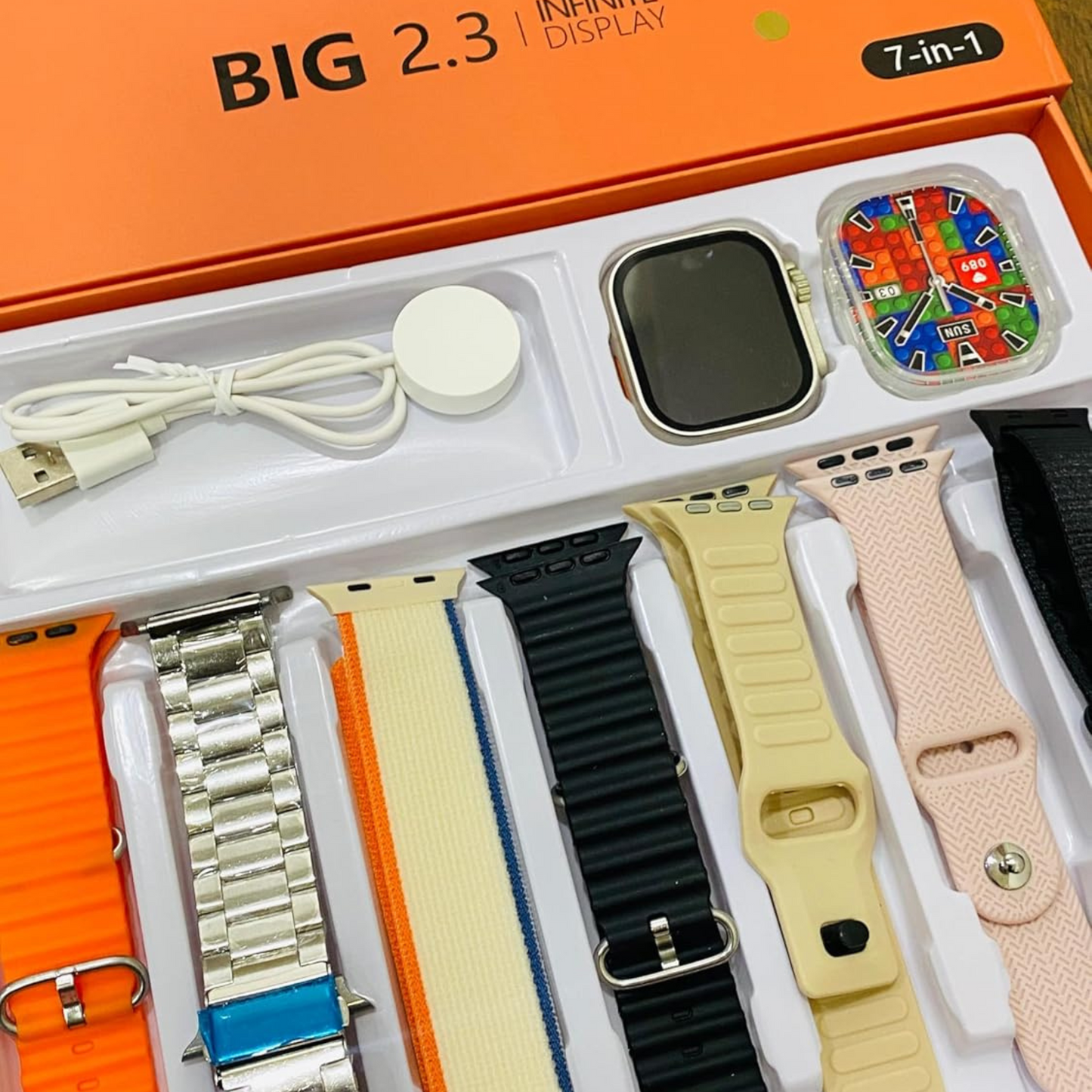 SE HUB 7-in-1 Smartwatch – 49mm Bluetooth Calling, Sports & Fitness Tracker, Heart Rate & Sleep Monitor, 7 Interchangeable Belts (Orange)