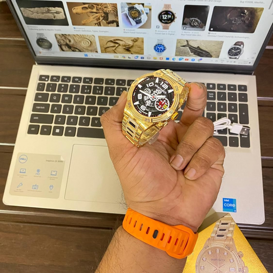 SE HUB Generation 15 Smart Watch – Diamond Belt, Touchscreen Display, Call Notifications, Step Counter, Wireless Charger – Gold Edition
