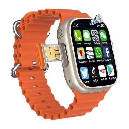 SE HUB Smart Watch with 4G/5G SIM, AMOLED Display, Bluetooth Calling, SpO2, Heart Rate Monitoring, Video Calling, 4GB RAM 64GB Storage, Long Battery Life, 49mm Men & Women Smartwatch – Orange & Black Strap