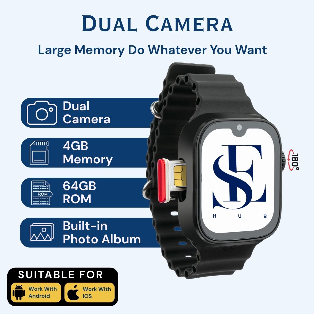 GS37 Smartwatch 5G SIM | 2.0” AMOLED Display | 8GB RAM 128GB Storage | Dual Camera | Bluetooth & Video Calling| Android Apps, Social Media (BLACK)
