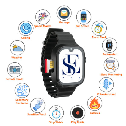 Ultra s9 Premium 4G/5GSIM Enabled Smartwatch  8Gb+128GB STORAGE AMOLED Touch Screen Video Call Capability Health Sensors SpO2 Heart Rate Large Memory Long Lasting Battery 49 mm Smart Wearable for Men Women Black Orange Strap