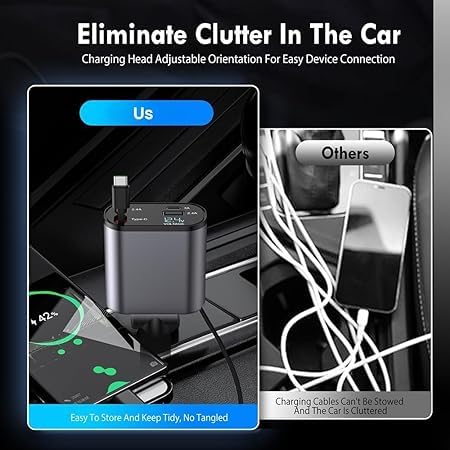 SE HUB Retractable Car Charger – 100W 4-in-1 Super Fast Charge with 31.5-Inch Retractable Cables & Dual USB Ports, Car Phone Adapter for iPhone 15/14/13/12 Pro Max/XR – Black
