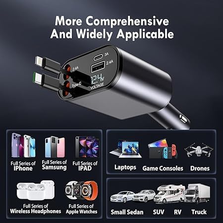 SE HUB Retractable Car Charger – 100W 4-in-1 Super Fast Charge with 31.5-Inch Retractable Cables & Dual USB Ports, Car Phone Adapter for iPhone 15/14/13/12 Pro Max/XR – Black