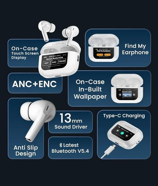 SE HUB True Wireless Noise Cancellation Earbuds – Touch LCD Display, HD Calling, Fast Charging, 13mm 3D Bass, Gaming Earbuds with Bluetooth 5.3 + ANC – White
