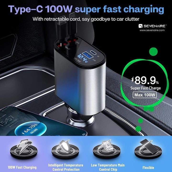 SE HUB Retractable Car Charger – 100W 4-in-1 Super Fast Charge with 31.5-Inch Retractable Cables & Dual USB Ports, Car Phone Adapter for iPhone 15/14/13/12 Pro Max/XR – Black