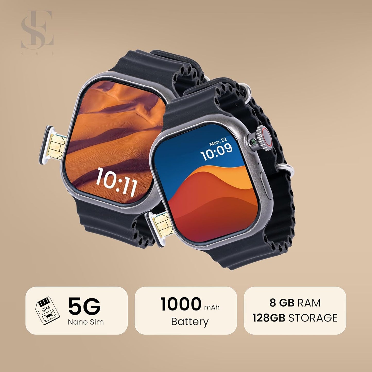 Smart Watch Ultra with 4G SIM, 180° Hidden Camera, AMOLED HD Display, 4GB RAM 64GB ROM, GPS, WhatsApp, Video Calling, AI Fitness Tracker – Black