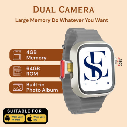 Premium S8 Ultra 5G SIM Android Smart Watch with Play Store, Maps, YouTube, VoLTE Calling, Sports Features, HD Display & Heavy Metal Gold Strap | 5G SIM Supported | Extra Orange & Black Bands