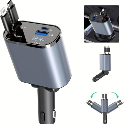 SE HUB Retractable Car Charger, 100W 4 in 1 Super Fast Charge Car Phone Charger, Retractable Cables (31.5 Inch) and 2 USB Ports Car Adapter for iPhone 15/14/13/12 Pro Max Xr, Black