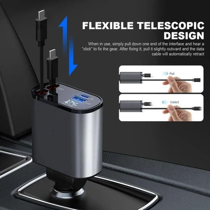 SE HUB Retractable Car Charger, 100W 4 in 1 Super Fast Charge Car Phone Charger, Retractable Cables (31.5 Inch) and 2 USB Ports Car Adapter for iPhone 15/14/13/12 Pro Max Xr, Black