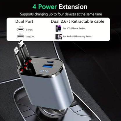 SE HUB Retractable Car Charger, 100W 4 in 1 Super Fast Charge Car Phone Charger, Retractable Cables (31.5 Inch) and 2 USB Ports Car Adapter for iPhone 15/14/13/12 Pro Max Xr, Black