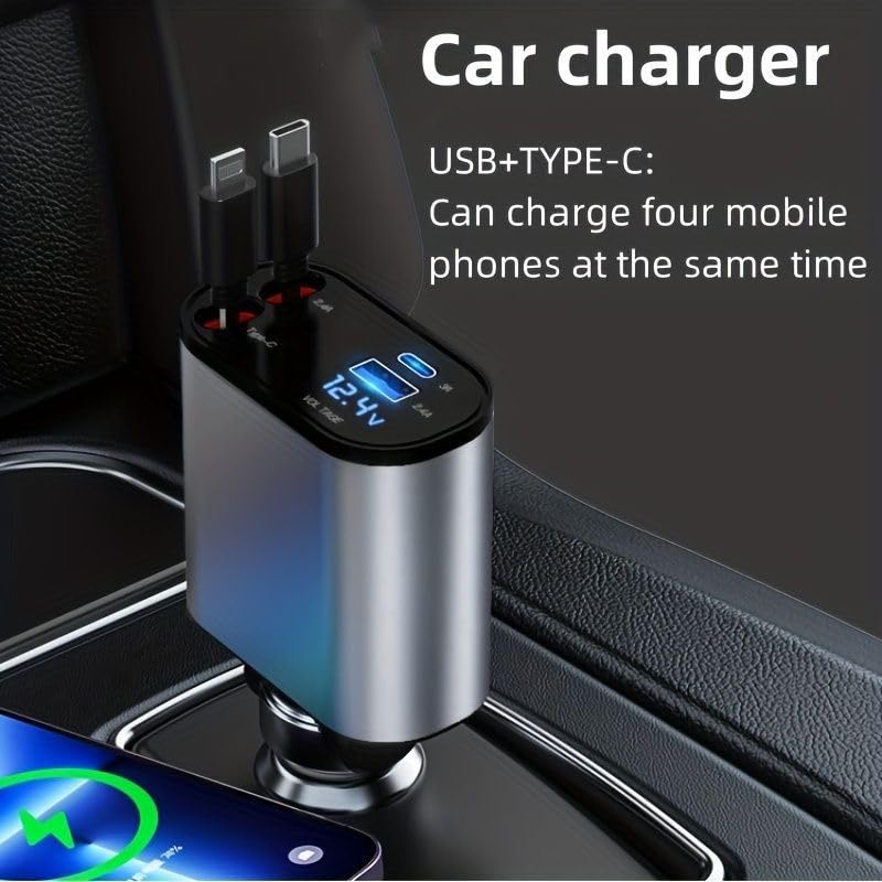 SE HUB Retractable Car Charger, 100W 4 in 1 Super Fast Charge Car Phone Charger, Retractable Cables (31.5 Inch) and 2 USB Ports Car Adapter for iPhone 15/14/13/12 Pro Max Xr, Black