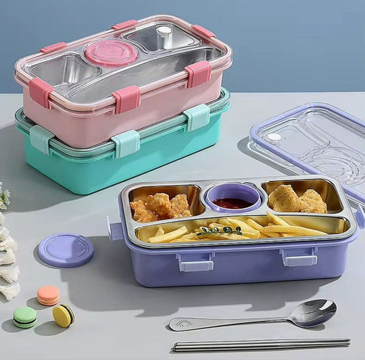 3-GRID + DABBI 💯 LEAKPROOF WITH CHOPSTICKS 🥢 & SPOON 🥄 NEW STYLE SLIM TYPE LUNCH BOX RATE