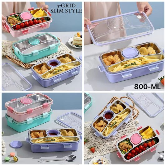 3-GRID + DABBI 💯 LEAKPROOF WITH CHOPSTICKS 🥢 & SPOON 🥄 NEW STYLE SLIM TYPE LUNCH BOX RATE