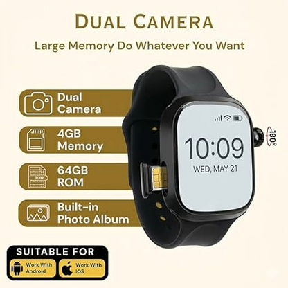 CD99 Android 5G Smartwatch with SIM Card, AMOLED Display, WiFi GPS NFC, Rotating Camera, Multi-Sport Fitness Tracker for Men Women (8GB+128GB) (Black)