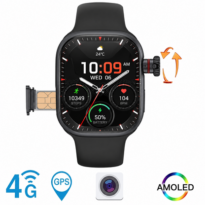CD99 Android 5G Smartwatch with SIM Card, AMOLED Display, WiFi GPS NFC, Rotating Camera, Multi-Sport Fitness Tracker for Men Women (8GB+128GB) (Black)