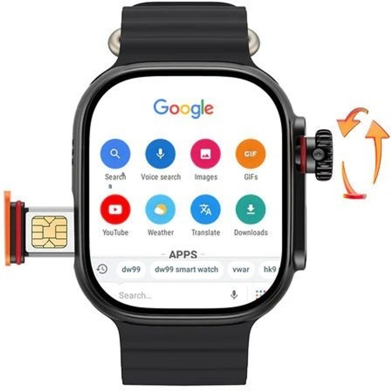 WS Ultra S9/CD9 Black 4G/5G Android Watch 180° Camera AMOLED GPS WiFi 8GB+128GB Smartwatch (Black, Orange Strap, 49MM)